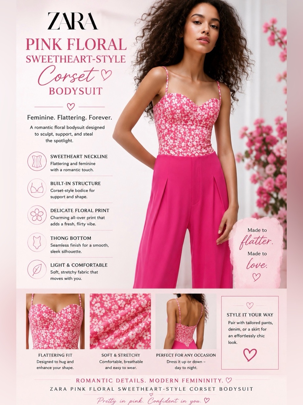 Zara Pink Floral Sweetheart-Style Corset Bodysuit